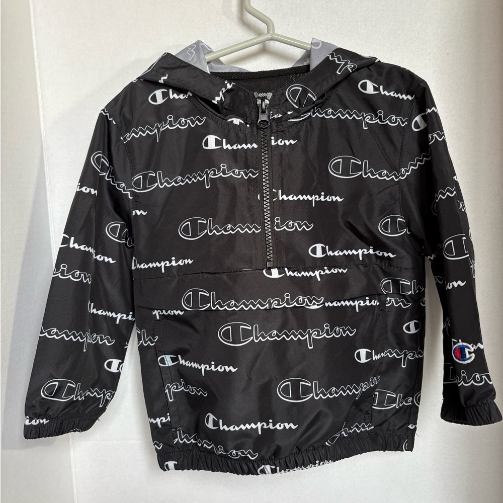 Champion Kids Windbreaker Jacket Black Logo Print 3T (Fits Small)